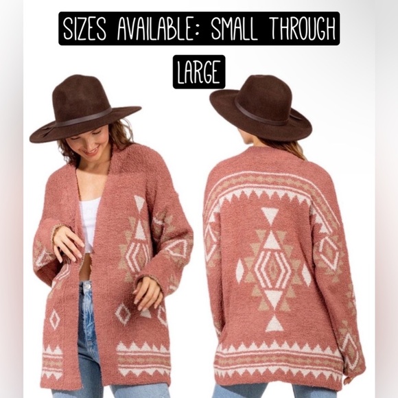 NWT-Boho Fuzzy Cardigan with Aztec Geometric Print - Picture 1 of 10